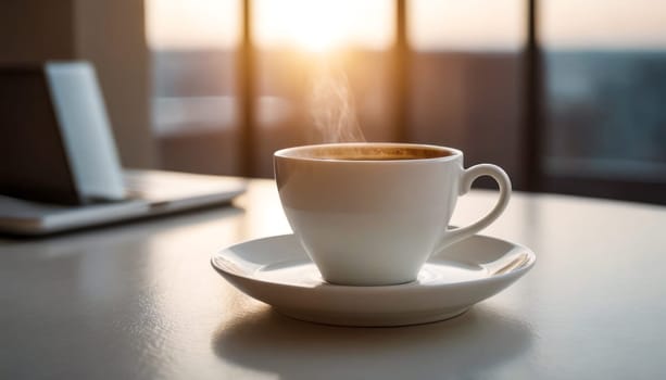 Morning Coffee: A white cup filled with steaming coffee rests on a clean white table, casting a subtle shadow. creating a serene morning scene