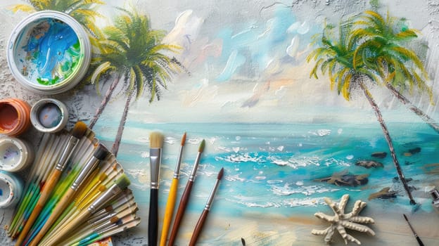 An art piece capturing the serene beauty of a beach with palm trees using watercolors. The azure water, electric blue sky, and lush green plants create a peaceful atmosphere AIG50