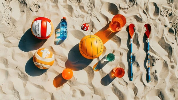 A row of glass bottles, azure balls, and paddles lay scattered on the sandy beach, creating a beautiful art display in harmony with the natural environment AIG50