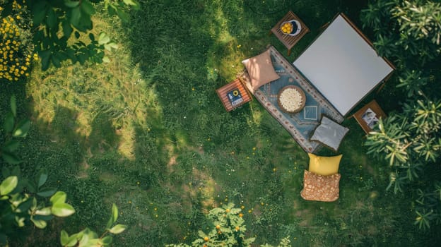 A picnic blanket is spread out on a vibrant green lawn surrounded by tall trees, shrubs, and colorful flowers, creating a picturesque tableau for a relaxing outdoor event AIG50