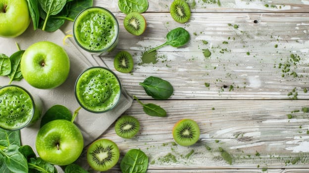 A rectangular white wooden table displaying an array of green fruits and vegetables, including Rangpur, sweet lemon, and Meyer lemon, perfect for a fresh and vibrant cuisine spread AIG50