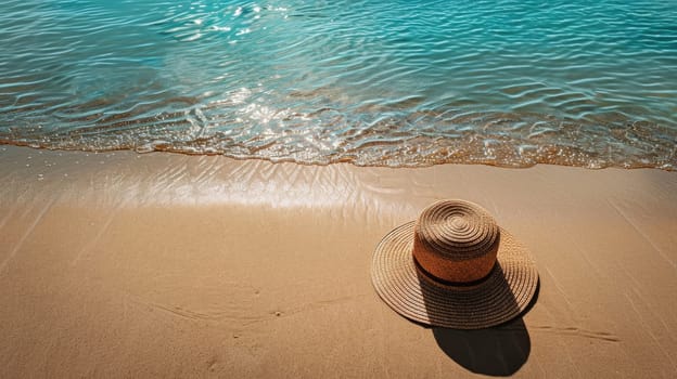 The hat rests on the sandy beach by the waters edge, under the warm sunlight. The fluid waves gently kiss the shore, creating a peaceful landscape with a wooden horizon AIG50