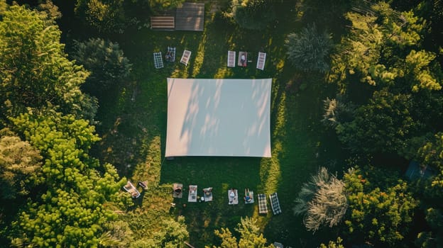 A group of people gathered in the forest around a large screen, surrounded by trees, shrubs, and grass. The landscape is filled with natural elements AIG50
