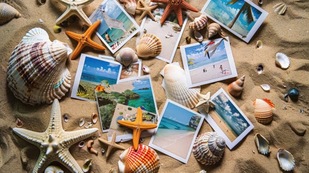 On the beach, a hat, sunglasses, seashells, starfish, and photos are scattered on the sand. The aqua water creates a stunning landscape for leisure and fun events AIG50