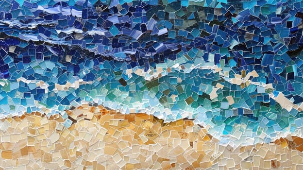 A stunning mosaic painting depicting the beauty of nature with seashells and starfish on a beach. The artwork captures the essence of the natural world in electric blue hues AIG50
