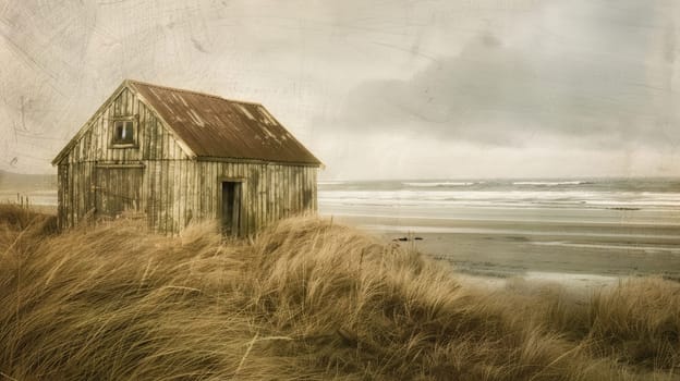 A small wooden house stands on a beach by the ocean under a cloudy sky, blending into the natural landscape with its rustic facade AIG50