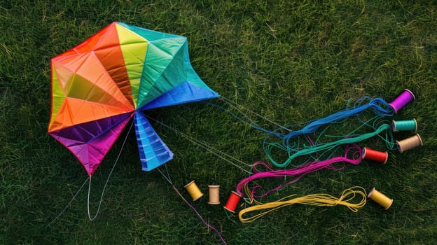 A collection of triangular kites resting on the vibrant grass in a picturesque landscape. A leisure event filled with fun and art in the lush grassland AIG50