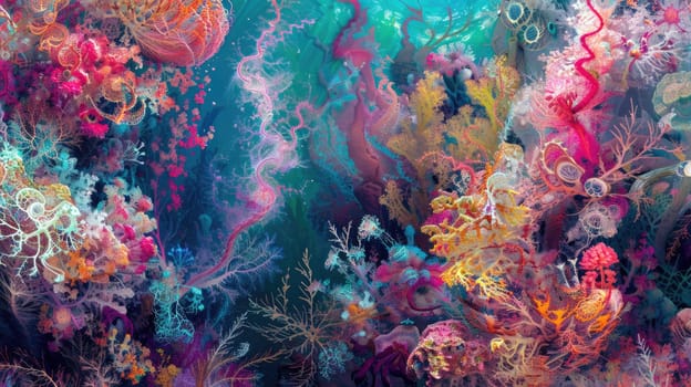 An electric blue painting of a coral reef with vibrant sponges and corals, showcasing the beauty of marine organisms through art and entertainment AIG50