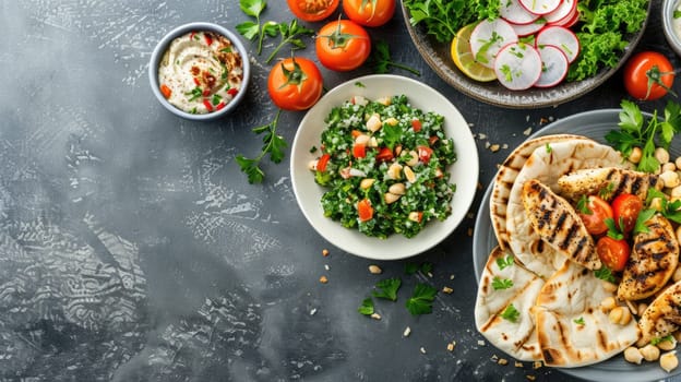 The table is filled with a variety of foods, from staple ingredients to leaf vegetables. Dishes from various cuisines are served on plates alongside fresh produce and tableware AIG50