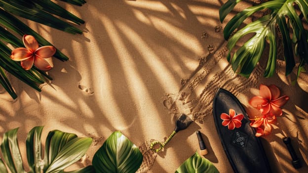 A surfboard rests on a sandy beach, adorned with tropical leaves and flowers. The scene resembles a picture frame of natural art, with vibrant petals and lush greenery AIG50
