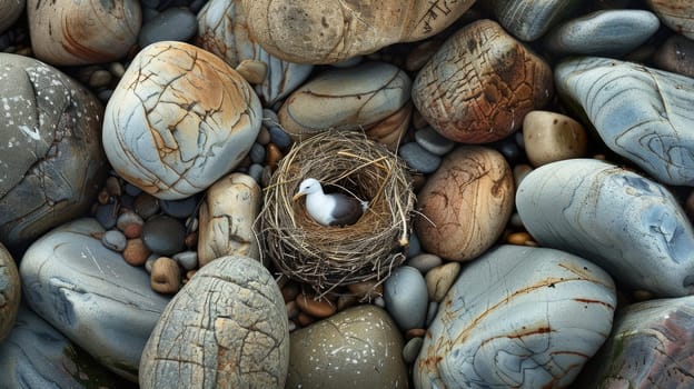 A seabird with a sharp beak, part of the Charadriiformes order, is perched on a rock nest made of natural materials on the bedrock soil landscape AIG50