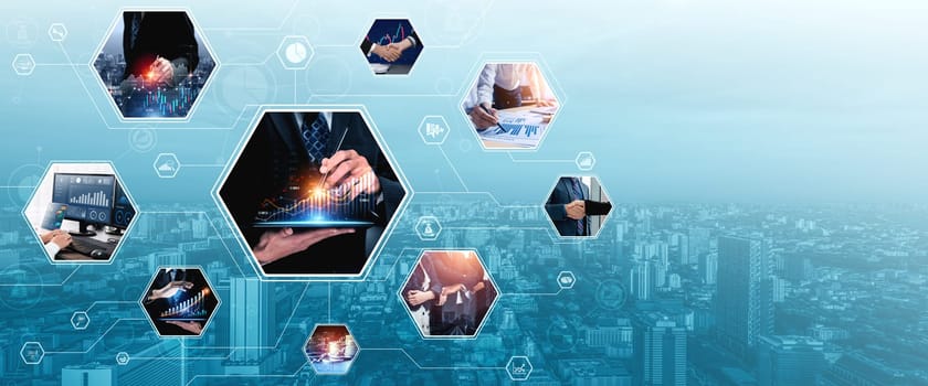 Futuristic business digital financial data technology concept for future big data analytic and business intelligence research for businessman analyst invest decisions making panoramic banner vexel