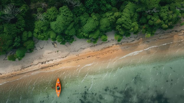 A serene aerial view of a wooden kayak floating in the clear waters near a sandy beach, with lush green trees creating a beautiful natural landscape AIG50