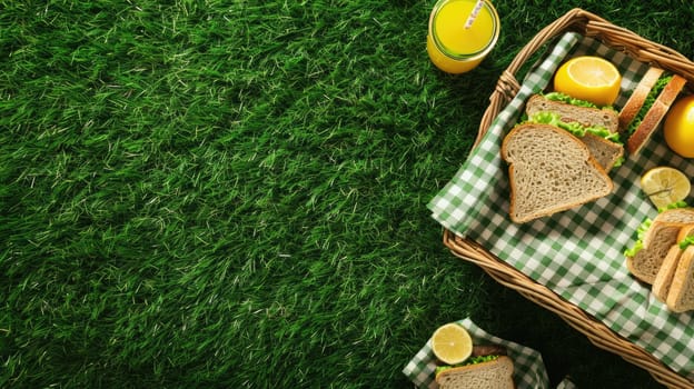 A green picnic basket filled with food items such as sandwiches, lemons, and juice placed on the grass. The ingredients are sourced from terrestrial plants and citrus fruits AIG50