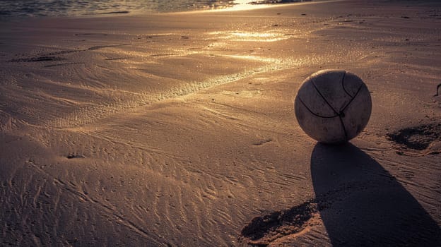 A volleyball rests atop a sandy dune overlooking the beautiful beach landscape, surrounded by aeolian landforms and hardwood flooring AIG50