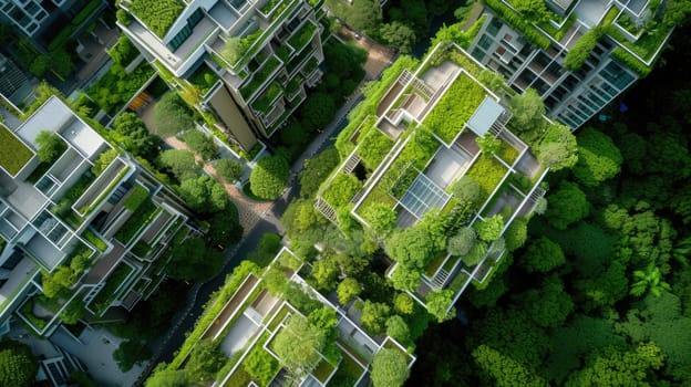 An urban design featuring buildings with rooftop gardens, showcasing a green cityscape. The skyline blends with the natural landscape, as clouds drift across the sky above AIG41