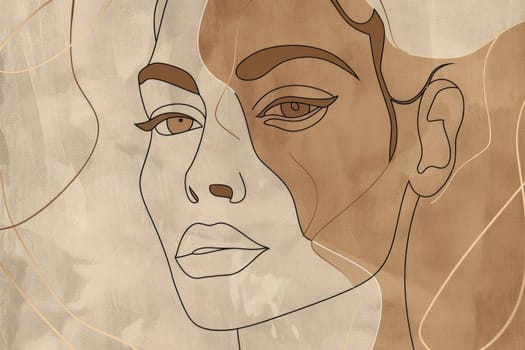 A portrait of young beautiful woman with background. Fashionable lady face with elegance lips with retro colors. Drawing minimalist line art concept. Represented with feminism, beauty, power. AIG42.