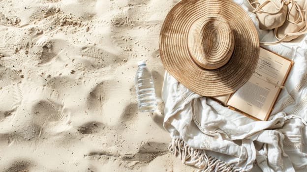 A wooden arch frames the circle of soil where a glass bottle and a fur hat lay on the sandy beach, an eyelash caught on the bottle like a delicate event unfolding AIG50