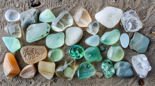 The ground is covered with a variety of natural materials such as light amber gemstones, azure aqua stones, and electric blue rocks. Each one is a unique piece of art in closeup detail AIG50