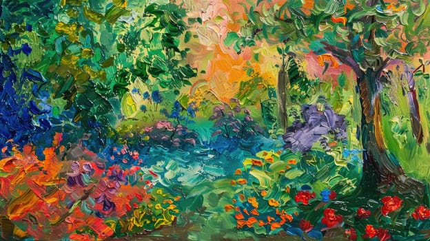 A vibrant abstract painting with a rainbow of colors, including purple, magenta, and electric blue. The artwork depicts a natural landscape with grass and plants, creating a mesmerizing pattern AIG50