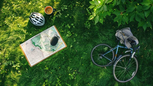 A bicycle, helmet, and map are scattered in the grass, surrounded by the peaceful sounds of nature. A wheel and tire peek out from beneath the foliage AIG50