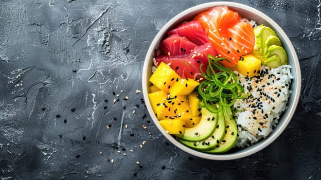 A delicious bowl of food with rice, avocado, salmon, and mango beautifully arranged on a table. A perfect blend of natural ingredients and vibrant flavors AIG50