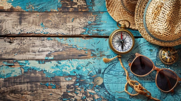 A stylish display of a hat, compass, sunglasses, and a map on a wooden table. The wood adds an artistic touch to this collection of travel essentials AIG50
