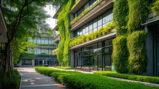 A contemporary office building featuring lush vertical gardens and eco-friendly architecture under a clear blue sky. AIG41