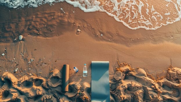 An aerial view of a sandy beach with trees lining the shore and a reflective mirror reflecting the water. The scene combines urban design with natural landscape, creating a leisurely feel AIG50