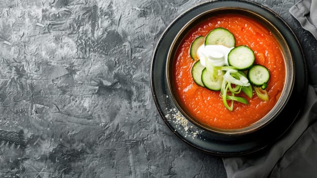 An artistic illustration of a bowl of tomato soup with cucumbers and sour cream, placed on a blue rectangle background, surrounded by electronic devices and automotive lighting AIG50