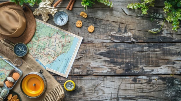 A wooden table is set with a delicious spread of food and a map, creating the perfect setting for planning a culinary road trip adventure AIG50