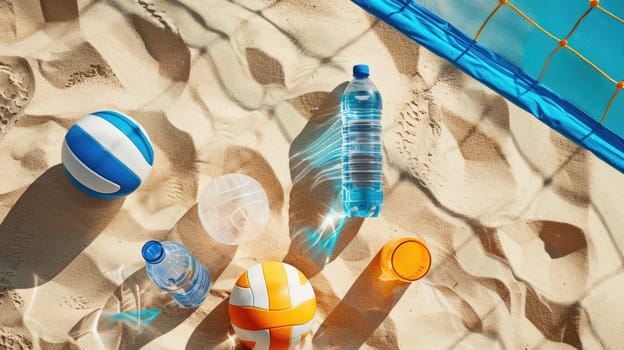 A row of glass bottles, azure balls, and paddles lay scattered on the sandy beach, creating a beautiful art display in harmony with the natural environment AIG50