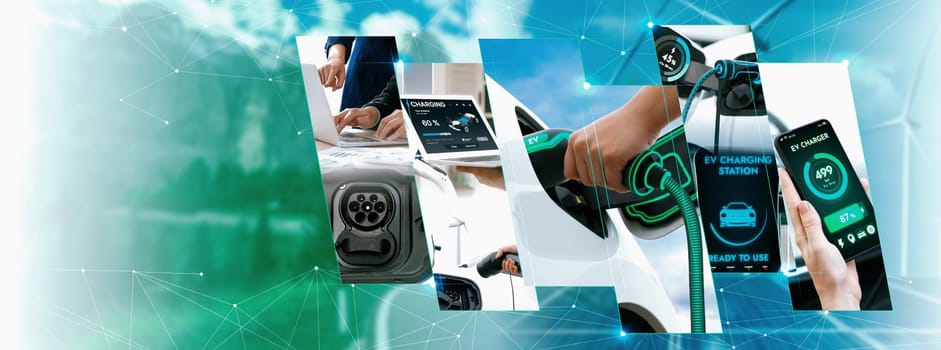 EV electric car vehicle charging and sustainable LCA green energy technology presented in panoramic banner photo collage showing eco friendly view of electric vehicle and hybrid car for future ESG