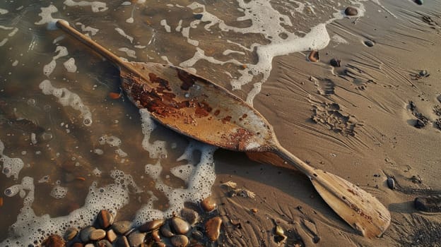 A wooden paddle rests on the sandy beach by the waters edge, surrounded by natural materials like rocks. Perhaps left behind by a kayaker exploring the lake AIG50