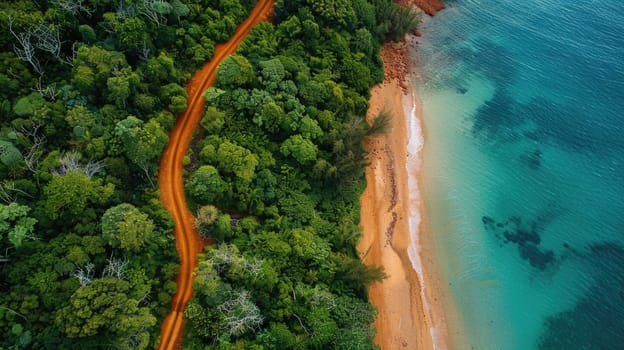 A natural landscape with a beach, trees, and water forming a serene view from above, showcasing the beauty of nature and fluvial landforms AIG50