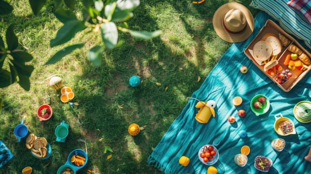 A group of children is enjoying a picnic surrounded by grass, trees, and shrubs in a natural landscape. They are leisurely soaking up the sun and appreciating the beauty of the environment AIG50