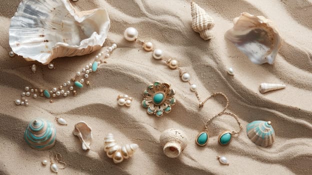 In this artistic landscape, a necklace lies on a circle of sand, adorned with seashells and pearls. The wind creates aeolian landforms, adding a fun touch to the scene AIG50