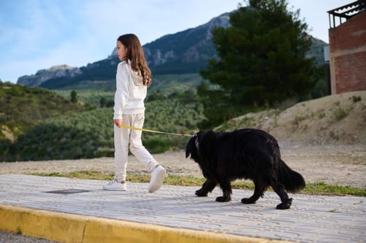 Full size shot of beautiful happy child girl walking her dog in mountains nature outdoors. Caucasian adorable child girl in sports clothes, walking her pedigree cocker spaniel while running outdoors.