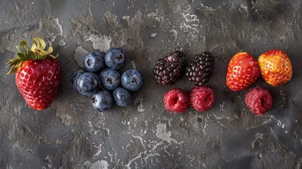 A variety of berries on a slate background. AIG51A.