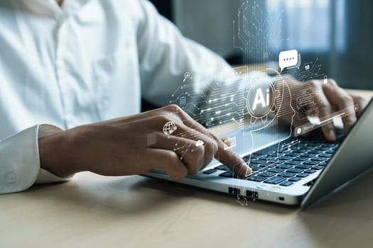 Human interact with AI artificial intelligence virtual assistant chatbot in concept of AI artificial intelligence prompt engineering, LLM AI deep learning to use generative AI for work support. FaaS