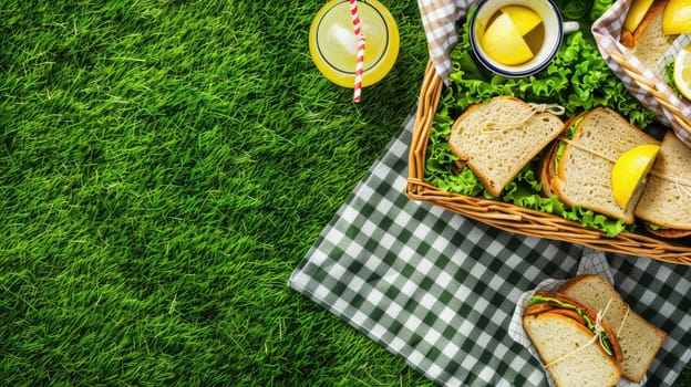 A green picnic basket filled with food items such as sandwiches, lemons, and juice placed on the grass. The ingredients are sourced from terrestrial plants and citrus fruits AIG50