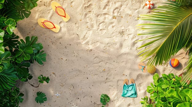 A natural landscape with palm trees, sandy beach, and volleyball under the blue sky viewed from above AIG50