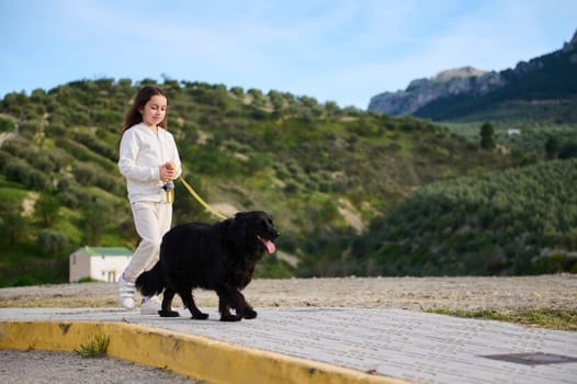 Adorable Caucasian child girl walking her pedigree dog, a black purebred cocker spaniel in the mountains nature outdoors. People. Nature and playing pets concept