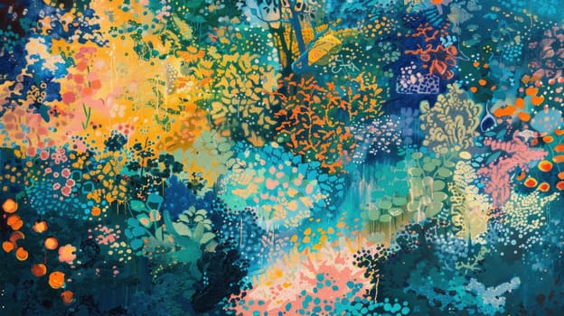 A vibrant abstract painting with a rainbow of colors, including purple, magenta, and electric blue. The artwork depicts a natural landscape with grass and plants, creating a mesmerizing pattern AIG50