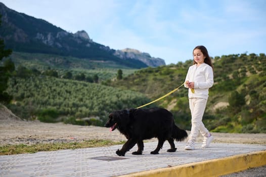 Adorable and happy little kid girl walking her pedigree dog, a black purebred cocker spaniel in the mountains nature outdoors. People. Nature and playing pets concept