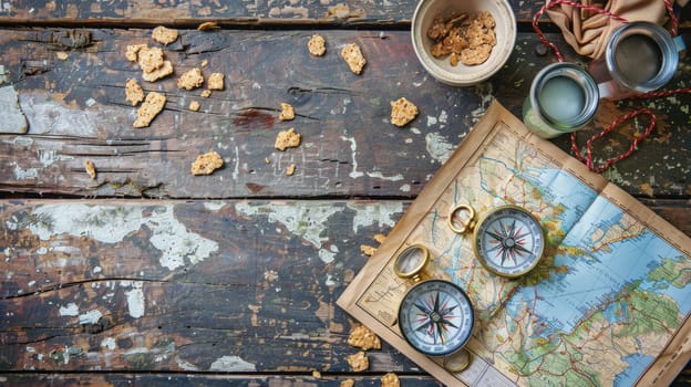 A wooden table is set with a delicious spread of food and a map, creating the perfect setting for planning a culinary road trip adventure AIG50
