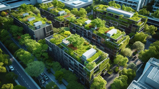 An urban design featuring buildings with rooftop gardens, showcasing a green cityscape. The skyline blends with the natural landscape, as clouds drift across the sky above AIG41
