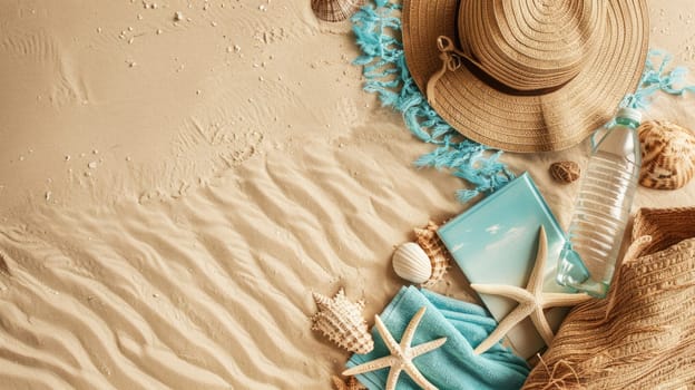 A wooden arch frames the circle of soil where a glass bottle and a fur hat lay on the sandy beach, an eyelash caught on the bottle like a delicate event unfolding AIG50