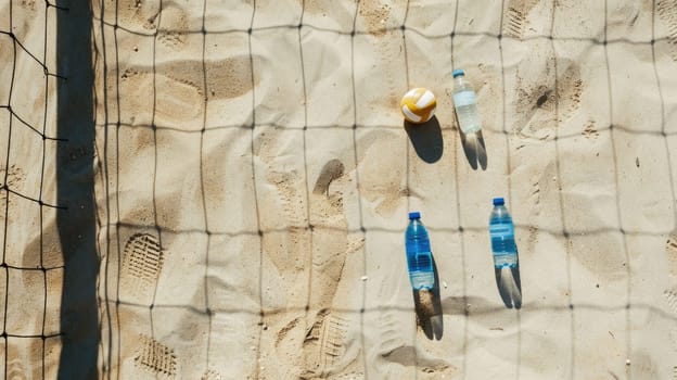 A row of glass bottles, azure balls, and paddles lay scattered on the sandy beach, creating a beautiful art display in harmony with the natural environment AIG50