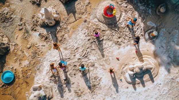 A group of children are leisurely playing in the sand on a beach, creating art and exploring the rock landscape. The beach offers a perfect setting for recreation and adventure AIG50